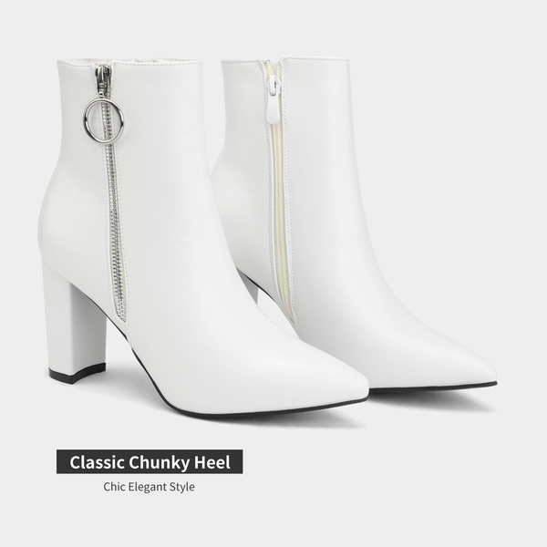 Chunky High Heel Ankle Boots - WHITE PU - 4